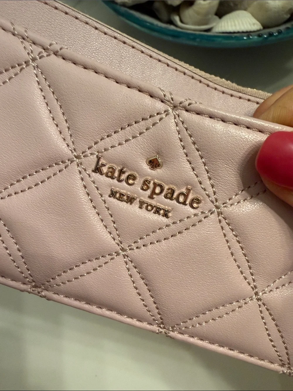 kate spade quilted blush pink card pouch with gold-tone zipper